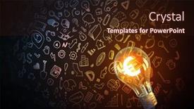  Presentation with glowing light bulb light bulb - Beautiful PPT theme featuring glowing glass light bulb and business sketches at dark background backdrop and a wine colored foreground