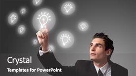  Presentation with abstract digital business interface - Slide deck consisting of glowing lightbulb - business man pressing a digital background and a dark gray colored foreground