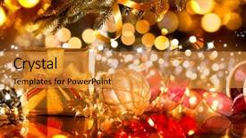  Presentation with christmas tree - Slide deck enhanced with glowing lights - christmas gift box and baubles background and a gold colored foreground