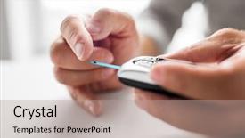  Presentation with home health care - PPT theme enhanced with glucometer checking blood sugar level background and a coral colored foreground