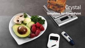  Presentation with healthy food - Colorful slide set enhanced with glucose meter with healthy food and cookies on table backdrop and a tawny brown colored foreground