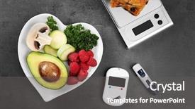  Presentation with testing - PPT theme featuring glucose meter with healthy food background and a dark gray colored foreground