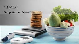  Presentation with cookies - Amazing slide set having diabetes medical concept blue - glucose meter with vegetables backdrop and a light gray colored foreground