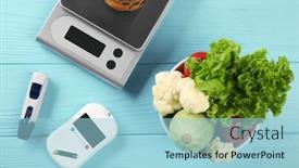  Presentation with mushrooms farm to table vegetables - Slide deck enhanced with diabetes medical concept blue - glucose meter with vegetables background and a light blue colored foreground