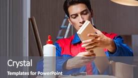  Presentation with diy - Theme having glues - young man gluing wood pieces background and a gray colored foreground