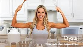  Presentation with spoon - Colorful PPT theme enhanced with free muscle - happy woman with whisk backdrop and a coral colored foreground