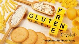  Presentation with gluten free - Audience pleasing slide deck consisting of gluten free products on wooden backdrop and a yellow colored foreground