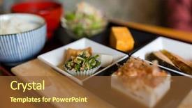  Presentation with japanese music - PPT theme consisting of glutinous rice ball - japanese appetizer in restaurant background and a tawny brown colored foreground