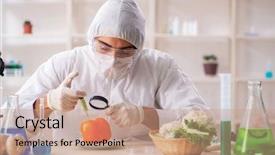 Presentation with genetic lab - Presentation consisting of gmo fruits and vegetables background and a coral colored foreground
