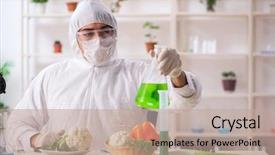  Presentation with genetic lab - Slide deck having gmo fruits and vegetables background and a coral colored foreground