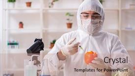 Presentation with genetic lab - Audience pleasing PPT theme consisting of gmo fruits and vegetables backdrop and a coral colored foreground