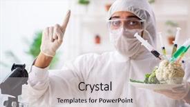  Presentation with genetic lab - Colorful presentation theme enhanced with gmo fruits and vegetables backdrop and a light gray colored foreground