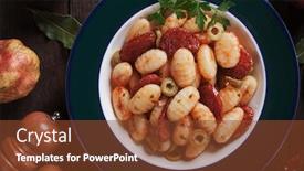  Presentation with noodles - Audience pleasing presentation consisting of gnocchi di patata italian potato noodles with sausage and tomato sauce backdrop and a tawny brown colored foreground