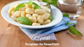  Presentation with italian cuisine - PPT theme consisting of gnochi with fresh sage leaves italian food italian cuisine home made food symbolic image concept for a tasty and hearty meal wooden background background and a coral colored foreground
