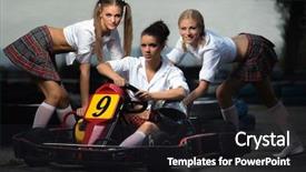  Presentation with play - PPT theme with girls play in karting background and a dark gray colored foreground