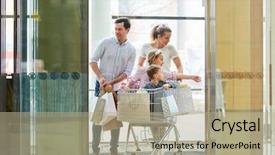  Presentation with family shopping - PPT theme having go carts - family pushes two kids background and a mint green colored foreground