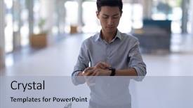  Presentation with smartwatch - Cool new PPT theme with go electronic - front view of young asian backdrop and a light blue colored foreground