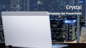  Presentation with panoramic - PPT theme having go electronic - laptop on table in office background and a ocean colored foreground