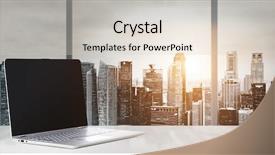  Presentation with laptop blank screen - PPT layouts featuring go electronic - laptop on table in office background and a lemonade colored foreground