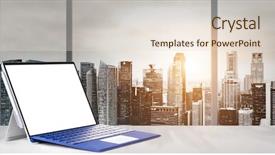  Presentation with laptop blank screen - Presentation theme enhanced with go electronic - laptop on table in office background and a lemonade colored foreground