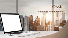  Presentation with laptop blank screen - Theme enhanced with go electronic - laptop on table in office background and a  colored foreground