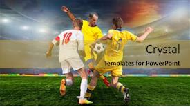  Presentation with soccer field - Slide deck having go forward - soccer ball on the field background and a yellow colored foreground