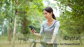  Presentation with cycling - Colorful presentation design enhanced with go green tree - woman checking the routine when backdrop and a yellow colored foreground