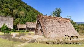  Presentation with japanese music - PPT theme consisting of go greenery - traditional japanese shirakawago village background and a coral colored foreground