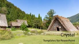  Presentation with traditional musical instruments word - PPT theme having go greenery - traditional japanese shirakawago village background and a yellow colored foreground