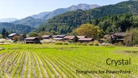  Presentation with rice field - Presentation theme featuring go greenery - traditional japanese shirakawago village background and a yellow colored foreground
