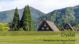 Presentation with japanese - Cool new PPT theme with go greenery - traditional japanese shirakawago village backdrop and a gold colored foreground