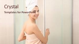  Presentation with beautiful young woman getting face - Presentation design consisting of bathroom showeringshower head - beautiful young woman in towel background and a lemonade colored foreground