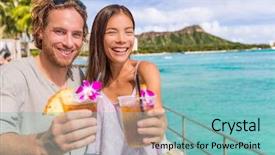  Presentation with honolulu hawaii waikiki beach - Colorful theme enhanced with happy hour party people toasting backdrop and a seafoam green colored foreground