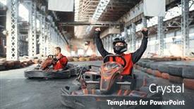  Presentation with students hands raised - Presentation theme having go-kart-racer-raised background and a dark gray colored foreground