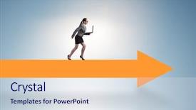  Presentation with walking - PPT theme featuring go market strategy - businesswoman walking on arrow sign background and a  colored foreground