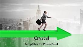  Presentation with strategy - Slide set consisting of go market strategy - businesswoman walking on arrow sign background and a  colored foreground