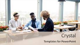 Presentation with young business people - Colorful presentation theme enhanced with go meeting - young people gathered in cafe backdrop and a lemonade colored foreground