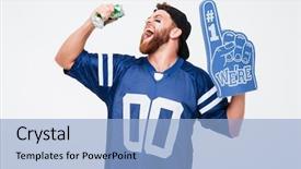  Presentation with pencils blue one yellow - Slides with goal numbers - image of excited man fan background and a light blue colored foreground