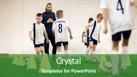  Presentation with team training - Presentation having goal numbers - team of young boys running background and a forest green colored foreground