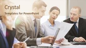  Presentation with team discussion - Audience pleasing presentation theme consisting of goal video - business technology and office concept backdrop and a  colored foreground