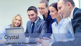  Presentation with team discussion - Slides featuring goal video - business technology and office concept background and a teal colored foreground