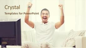  Presentation with sports - Beautiful slide deck featuring goal video - smiling man watching sports backdrop and a  colored foreground