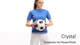  Presentation with football - PPT theme with goalie - female goalkeeper holding a football background and a white colored foreground