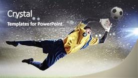  Presentation with spotlight - PPT layouts having goalie - goalkeeper catches the ball background and a dark gray colored foreground
