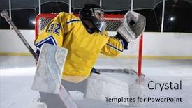  Presentation with ice hockey - PPT layouts having goalie - ice hockey goalkeeper player background and a light gray colored foreground