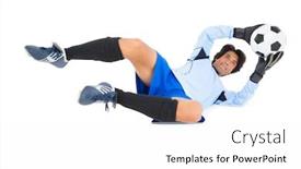  Presentation with save - Cool new slide set with goalkeeper in blue making a save on white background backdrop and a white colored foreground
