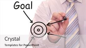  Presentation with goal - Cool new presentation theme with goals achievement - businessman drawing goal word isolated backdrop and a light gray colored foreground