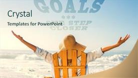  Presentation with goals - PPT layouts featuring woman relaxing in deck chair by the sea against goals one step closer background and a lemonade colored foreground