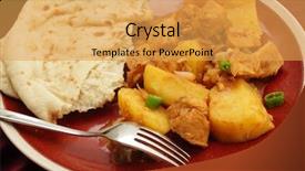  Presentation with chicken curry - Cool new slide deck with goan chicken and potato vindaloo curry cooked in a vinegar and spice sauce and served with a slice of flat bread backdrop and a yellow colored foreground