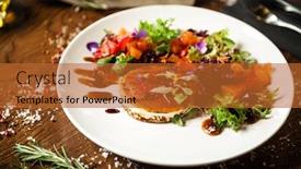  Presentation with modern food - Cool new PPT theme with goat-cheese-salad-strawberry-melon backdrop and a red colored foreground